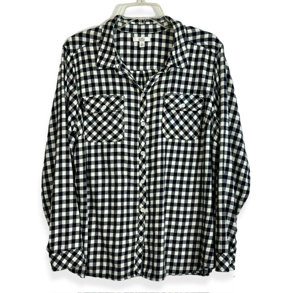 Flannel Button Shirt Black White Check Women XL Boyfriend Casual